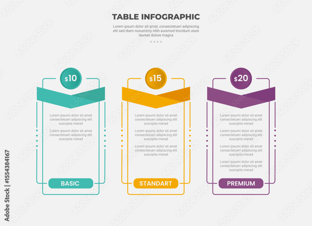Aufkleber pricing table box infographic outline style with 3 point template with vertical pillars with circle 