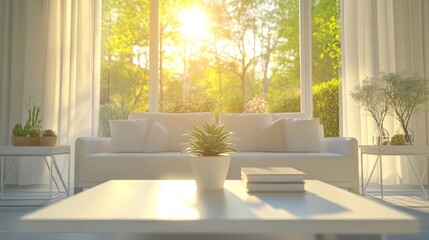 Obraz premium Sunny living room interior design with white furniture and plants.