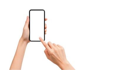 Hands Operating Vertical Smartphone, Finger Tapping Blank Screen, Ideal for App Interaction, Isolated on Transparent.

