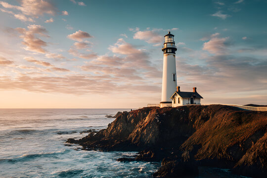 Celebrating National Lighthouse Day, showcasing a majestic lighthouse standing tall against a serene sky, symbolizing guidance, hope, and safety for all at sea.