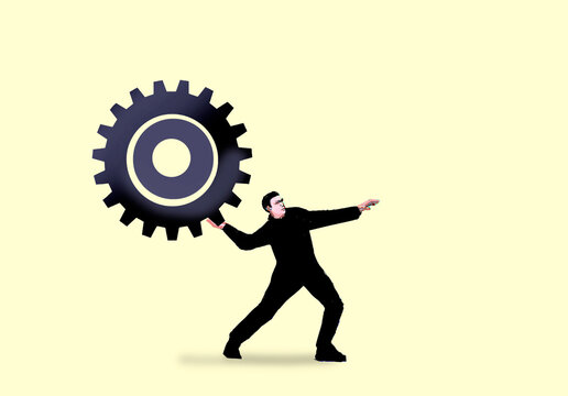 Illustration of a person balancing a large gear symbolizing work and efficiency