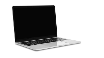 Transparent Background: A sleek silver laptop with a blank black screen, angled to the side, perfect for technology mockups and presentations.
