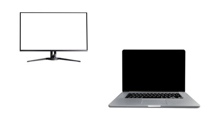 Transparent Background: A modern monitor with a white screen and a silver laptop with a black screen, ideal for technology mockups and displays.
