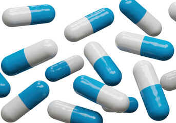 Isolated Scattered Blue and White Medical Capsules