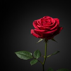 Naklejka premium Single Red Rose with Dew Drops on Dark Background