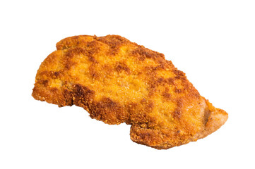 Breaded german weiner schnitzel steak, fried pork meat isolated on white background