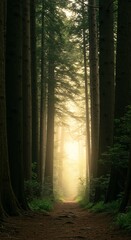 Fototapeta premium Enchanting Sunlit Path Through Misty Forest