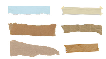 Transparent Background: A collection of diverse ripped paper and tape strips in various colors and textures, perfect for adding distressed or aged effects.
