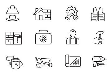 Labor line stroke icons set. Labor, construction, labour day, renovation, repair, work tool, materials icons. Editable vector illustration