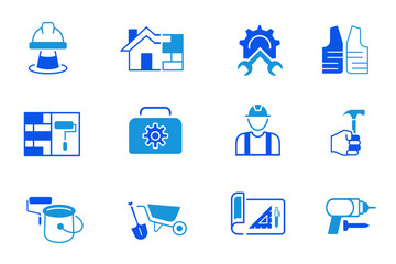 Labor solid flat icons set. Labor, construction, labour day, renovation, repair, work tool, materials icons. Editable vector illustration