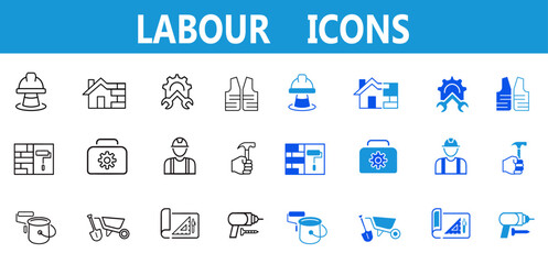 Labor line and flat icons set. Labor, construction, labour day, renovation, repair, work tool, materials icons. Editable vector illustration