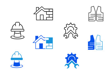 Labor line and flat icons set. Labor, construction, labour day, renovation, repair, work tool, materials icons. Editable vector illustration