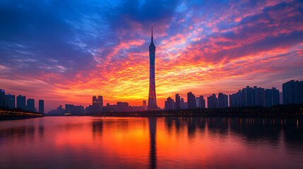 Fototapeta premium View of Guangzhou Tower with orange and blue sky. Illustration of popular places in the world.