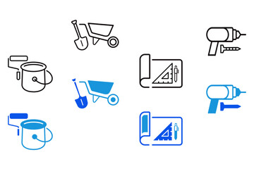 Labor line and flat icons set. Labor, construction, labour day, renovation, repair, work tool, materials icons. Editable vector illustration