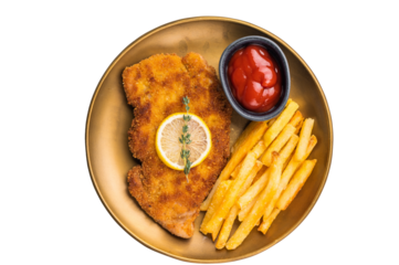 Weiner pork schnitzel steak, fried breaded fillet meat with french fry isolated on white background