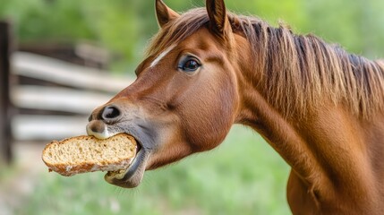 Chestnut horse eating a loaf of bread outdoors.