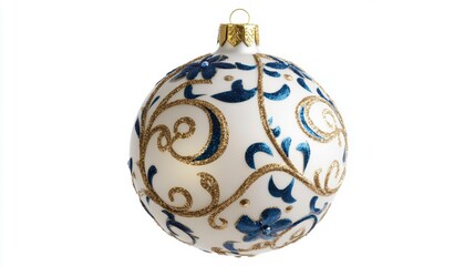 Elegant white Christmas bauble with blue and gold floral design, isolated on white background.