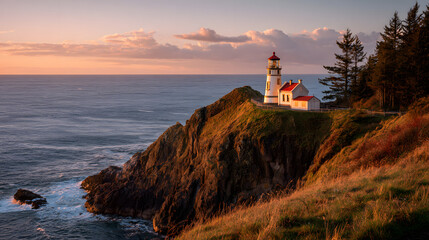 Serene coastal lighthouse at sunset on rocky cliff National Lighthouse Day