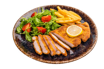 Fried Weiner schnitzel steak, pork breaded fillet meat with french fry and salad isolated on white...