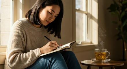 Young Asian Woman Writing in Journal by Window with Herbal Tea