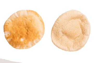 Fresh pita bread close up isolated on white background. top view