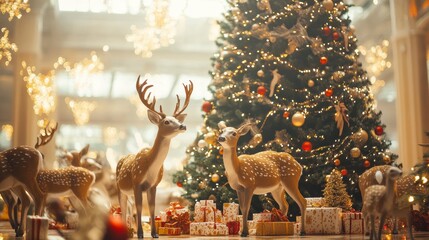 Festive deer figurines near a decorated Christmas tree with presents.