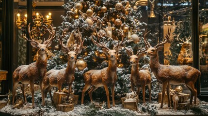 Five reindeer figurines arranged around a decorated Christmas tree, with gold gift boxes at the base.