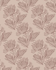 Seamless pattern Hand drawn linear illustration of a protea flower in brown ink on a beige background. Elegant botanical sketch in minimal vintage style. Perfect for floral prints, packaging, fabric