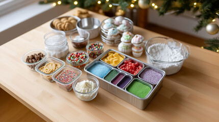 Festive cookie decorating station with colorful sprinkles and frosting for holiday baking traditions