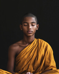 Young Buddhist monk meditating in orange robe on dark background
