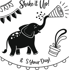 Abstract background vector illustration featuring a black and white elephant with playful cartoon design