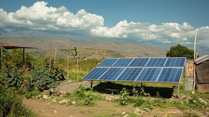 Solar panels providing energy to a rural community with limited access to electricity.