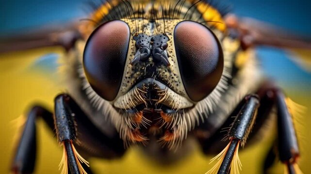 Detailed macro shot of insect face with large compound eyes, hairy texture, and intricate facial features highlighting entomology details