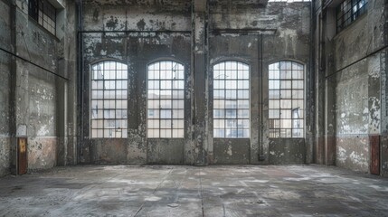 Fototapeta premium old rustic hall room with big bright windows