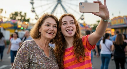 Enjoying a Fun Fair: Teenage Girl Taking Selfie with Grandmother at Carnival