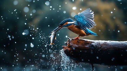 Kingfisher with Fish on Log in Rain Wildlife Bird Photography Moment