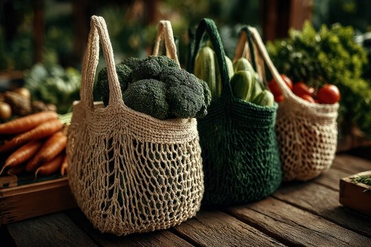 A wooden table with a reusable bag on top, symbolizing sustainable family shopping practices.