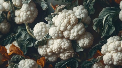 Close-up view of fresh, white cauliflowers with green leaves, arranged on a dark background.
