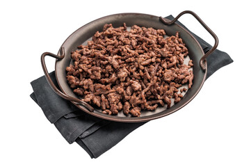 Fried mince beef and pork meat, fresh cooked mincemeat isolated on white background