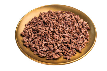 Roast and Fried mince meat, fresh cooked ground meat in a plate isolated on white background