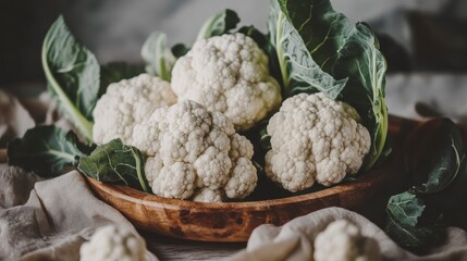 Fresh, organic cauliflowers displayed on a wooden bowl with green leaves.