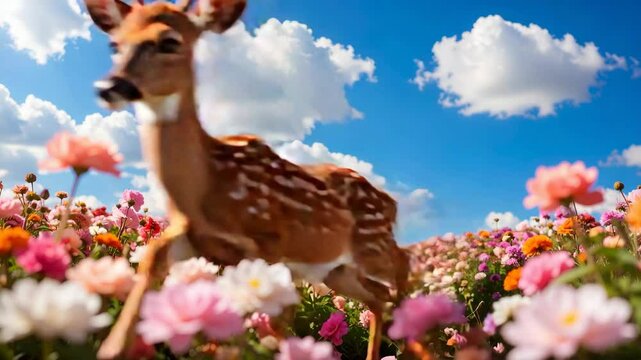 A beautiful fawn gracefully navigates through a vibrant, colorful meadow of flowers under a clear, bright sky, portraying joy and freedom.