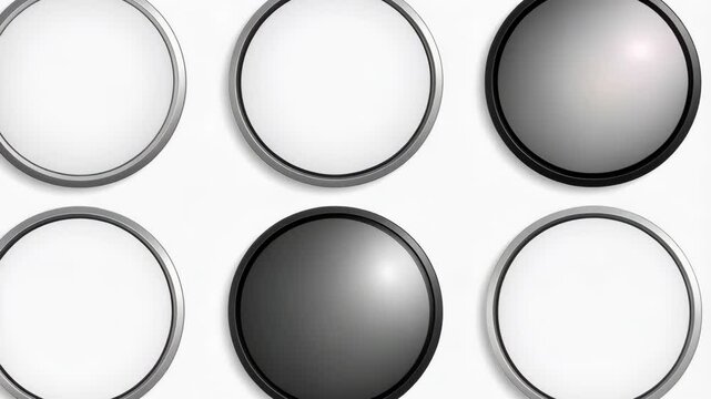 Collection of six round badges with a metallic rim on a white background, some are dark while others are light toned