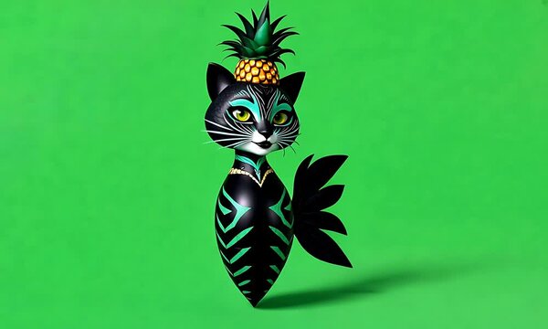Whimsical Black Cat with Pineapple Crown, 3D Render, Green Screen