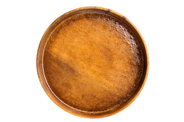 Chicken Bouillon or Broth  in a wooden plate isolated on white background. top view