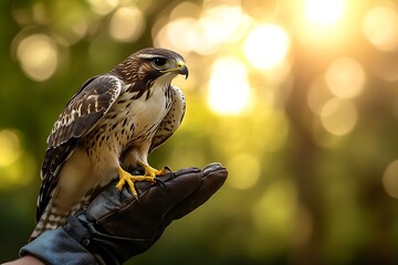 Majestic Hawk Perched on Glove, Bird of Prey with Striking Plumage Outdoors