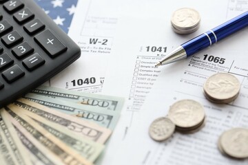 American US dollars money bills and coins with pen and calculator on IRS tax form blanks