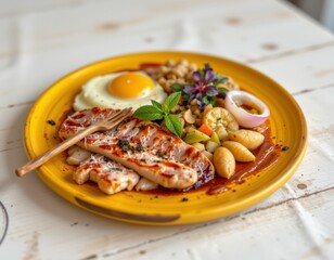 Grilled Meat with Fried Egg and Gnocchi on Yellow Plate