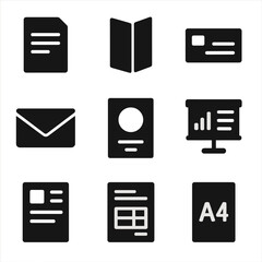 Business Printing Icons. Solid, filled icons set of business printing materials: letterhead sheet, brochure