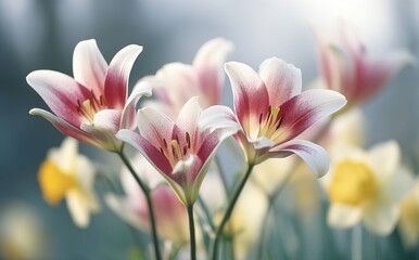 A vibrant and cheerful floral scene is created in a garden where pink and white lilies and yellow daffodils bloom, bathed in warm sunlight
